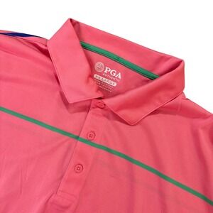 PGA AUTHENTIC Polo Shirt Mens 2XL Pink Stripe Golf Performance Short Sleeve